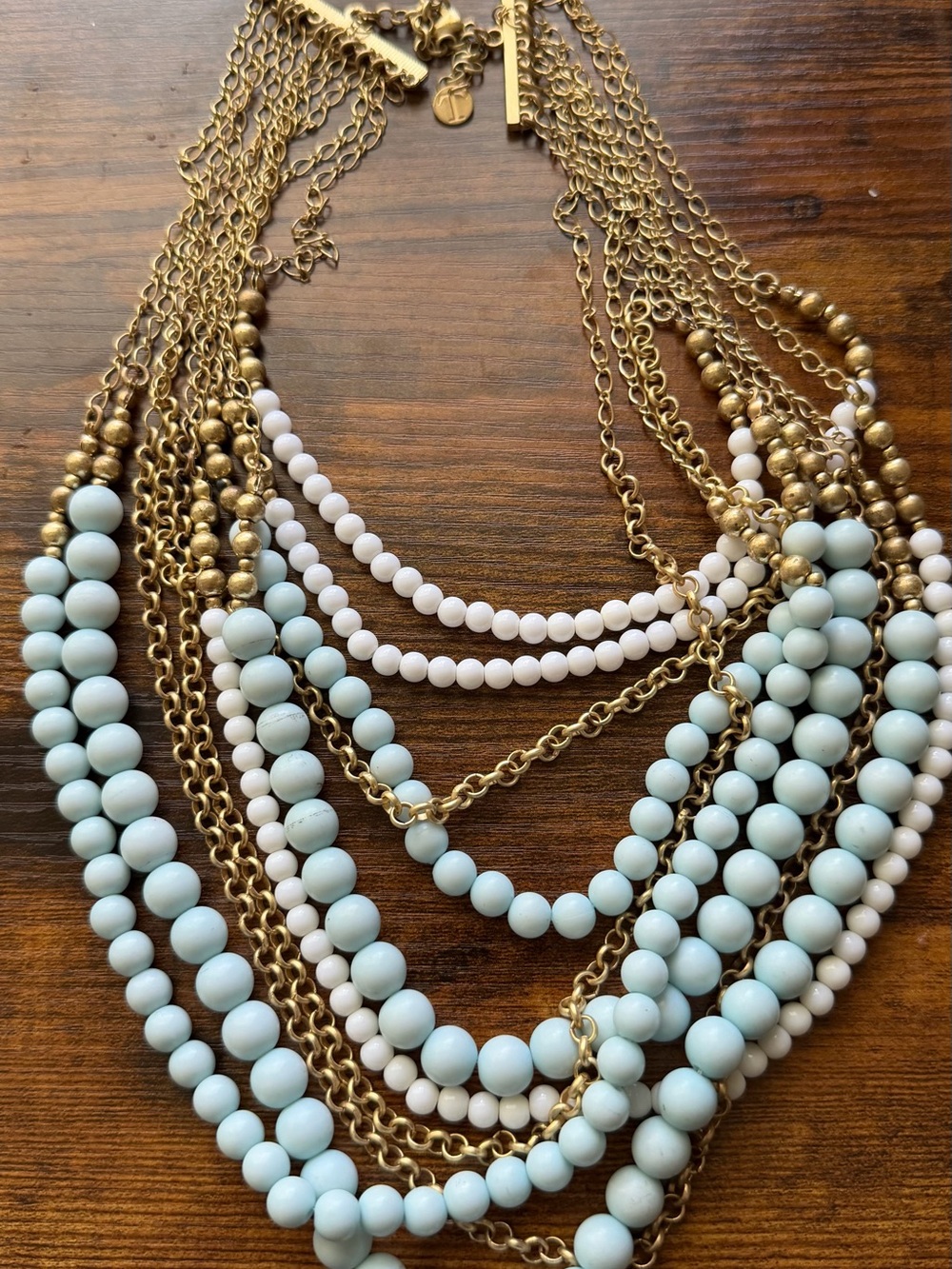 Talbots Layered Gold-Tone Necklace with Pale Blue and White Beads